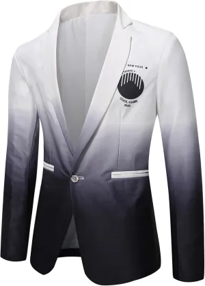 Men's Premium Blazer Suit Jacket One Button Slim Fit Dress Coats Gradient Print Tuxedo for Wedding Party Dinner Prom White
