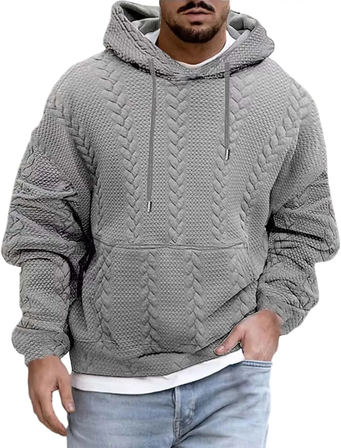Mens Relaxed Fit Knitted Hoodie Hipster Casual Long Sleeve Solid Color Pullover Sweater Lightweight Hooded Sweatshirt