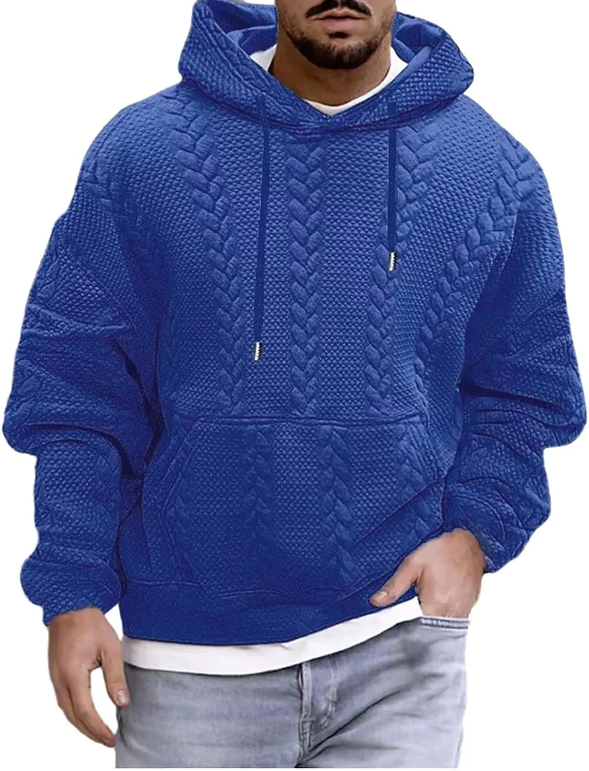 Mens Relaxed Fit Knitted Hoodie Hipster Casual Long Sleeve Solid Color Pullover Sweater Lightweight Hooded Sweatshirt