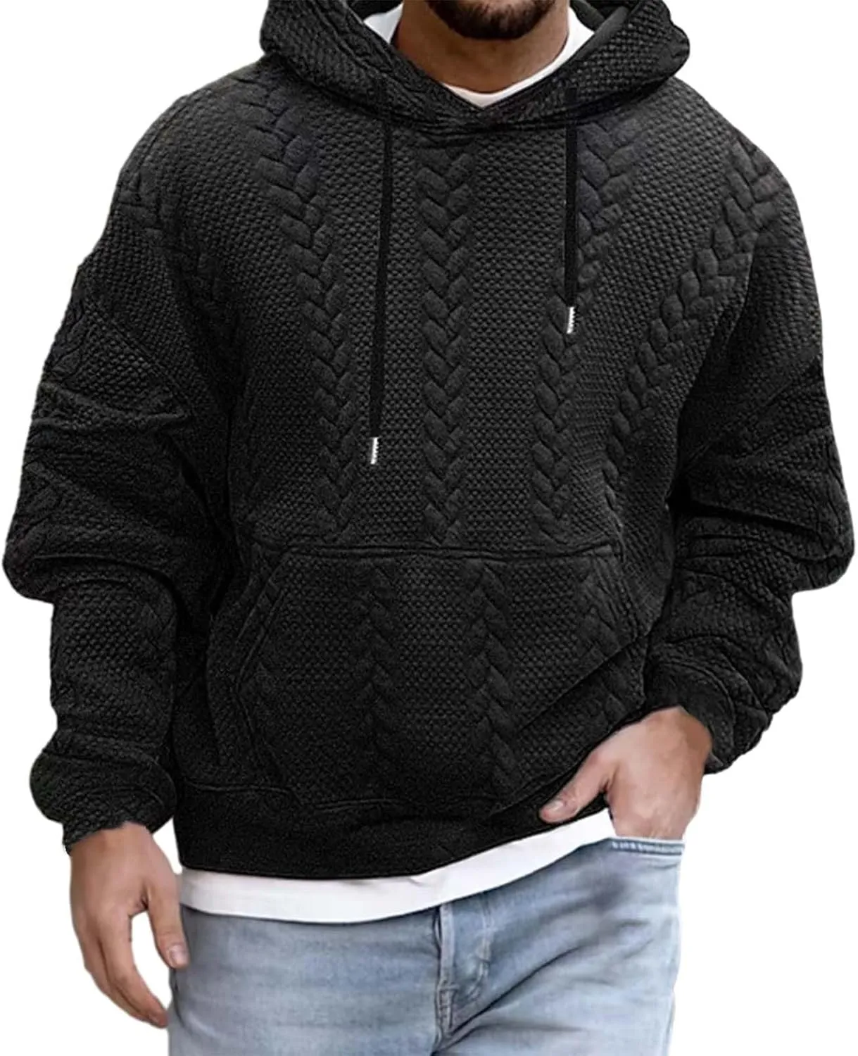 Mens Relaxed Fit Knitted Hoodie Hipster Casual Long Sleeve Solid Color Pullover Sweater Lightweight Hooded Sweatshirt