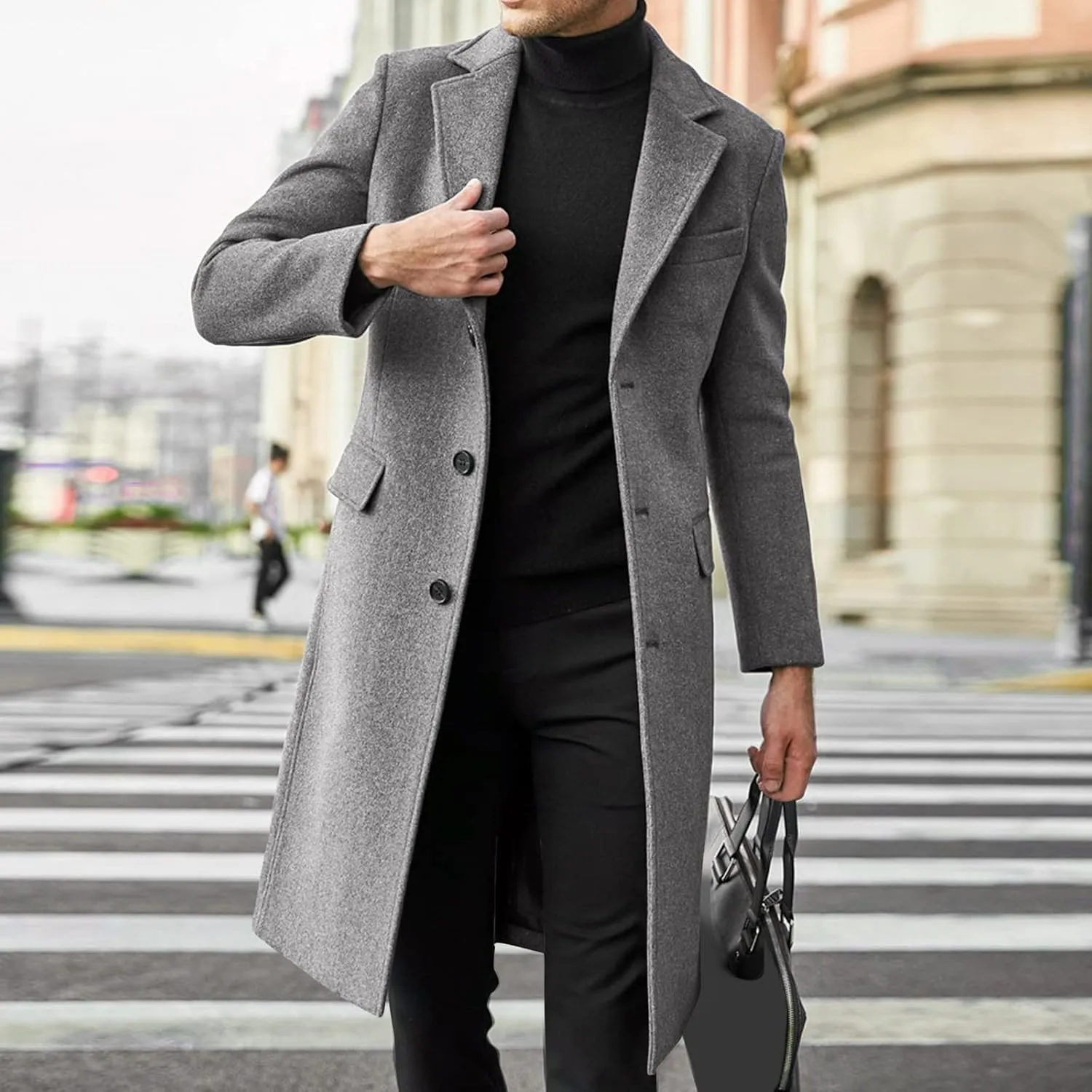 Mens Single Breasted Trench Coat Winter Wool Blend Pea Coat Oversized Warm Lapel Work Business Jacket Outerwear