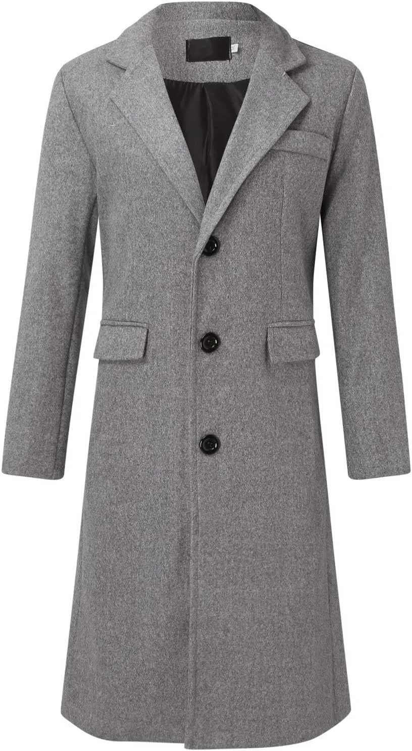 Mens Single Breasted Trench Coat Winter Wool Blend Pea Coat Oversized Warm Lapel Work Business Jacket Outerwear