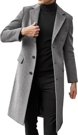 Mens Single Breasted Trench Coat Winter Wool Blend Pea Coat Oversized Warm Lapel Work Business Jacket Outerwear