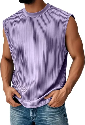 Mens Striped Textured Tank Tops Round Neck Sleeveless Pullover Shirts Summer Relaxed Fit Fashion Active T Shirts