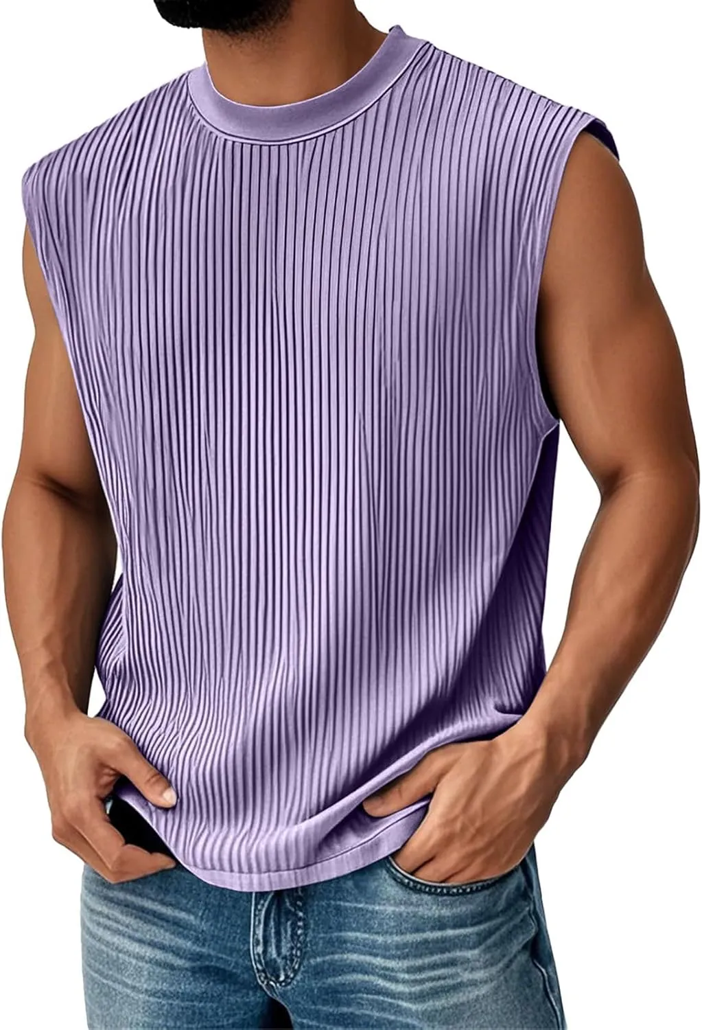 Mens Striped Textured Tank Tops Round Neck Sleeveless Pullover Shirts Summer Relaxed Fit Fashion Active T Shirts
