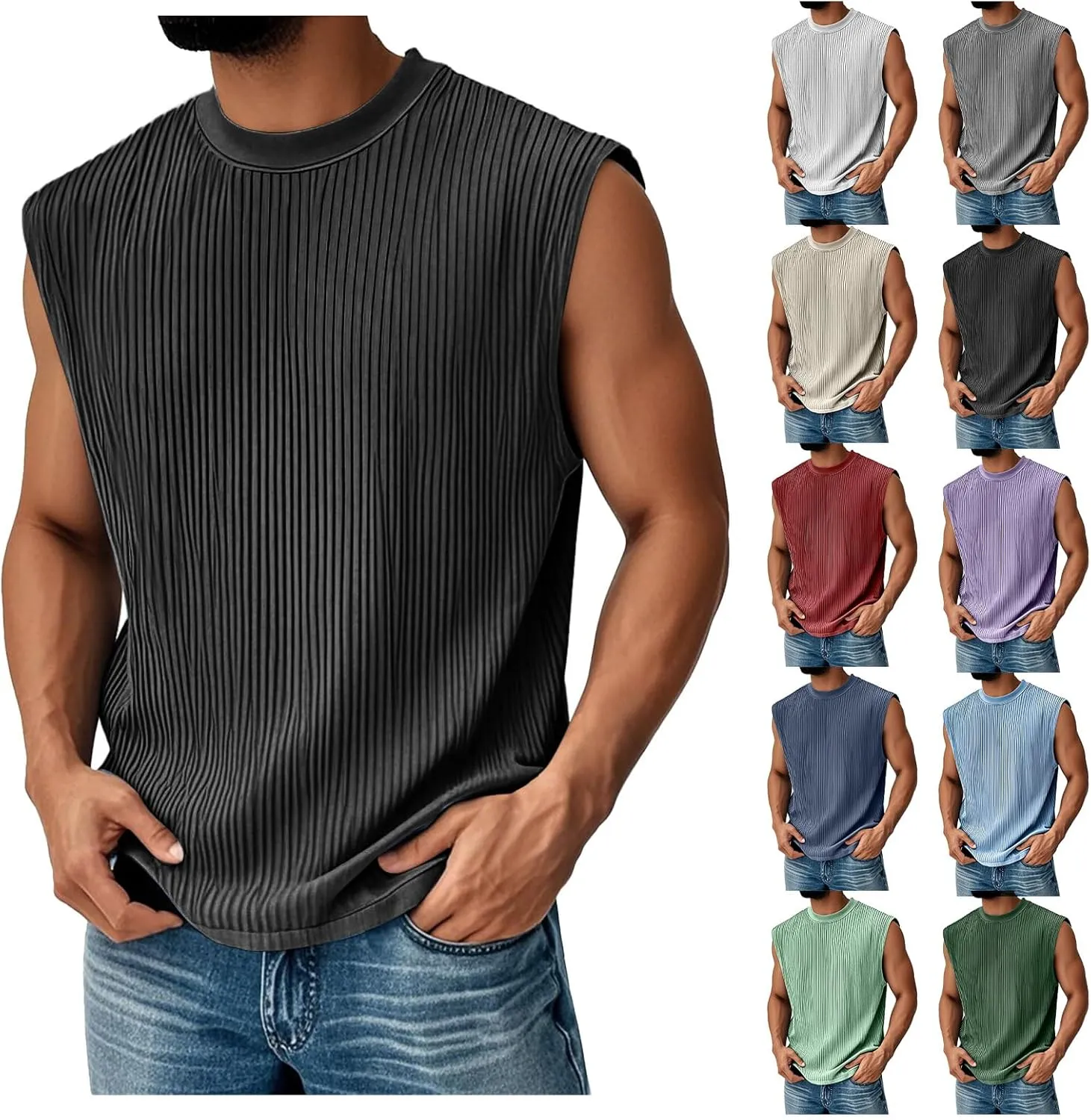 Mens Striped Textured Tank Tops Round Neck Sleeveless Pullover Shirts Summer Relaxed Fit Fashion Active T Shirts