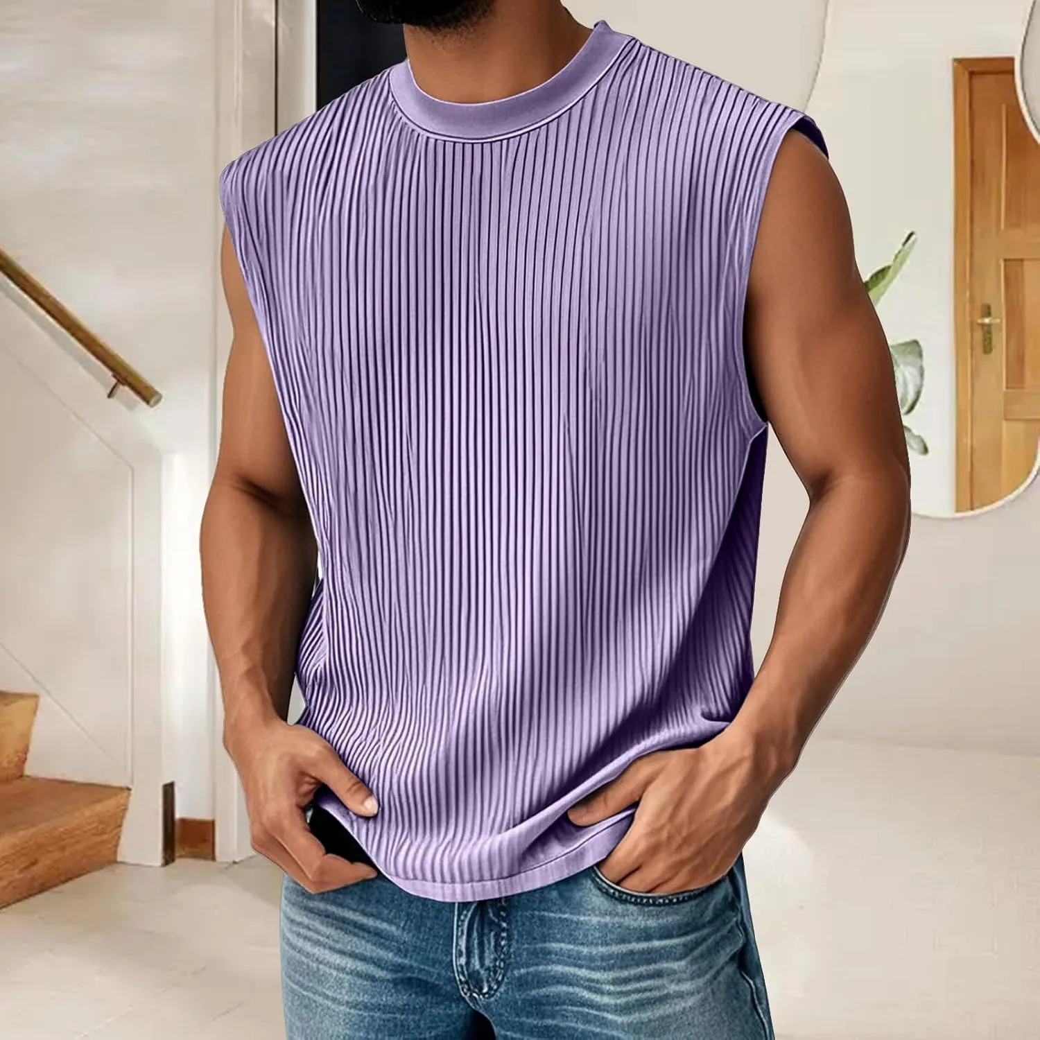 Mens Striped Textured Tank Tops Round Neck Sleeveless Pullover Shirts Summer Relaxed Fit Fashion Active T Shirts