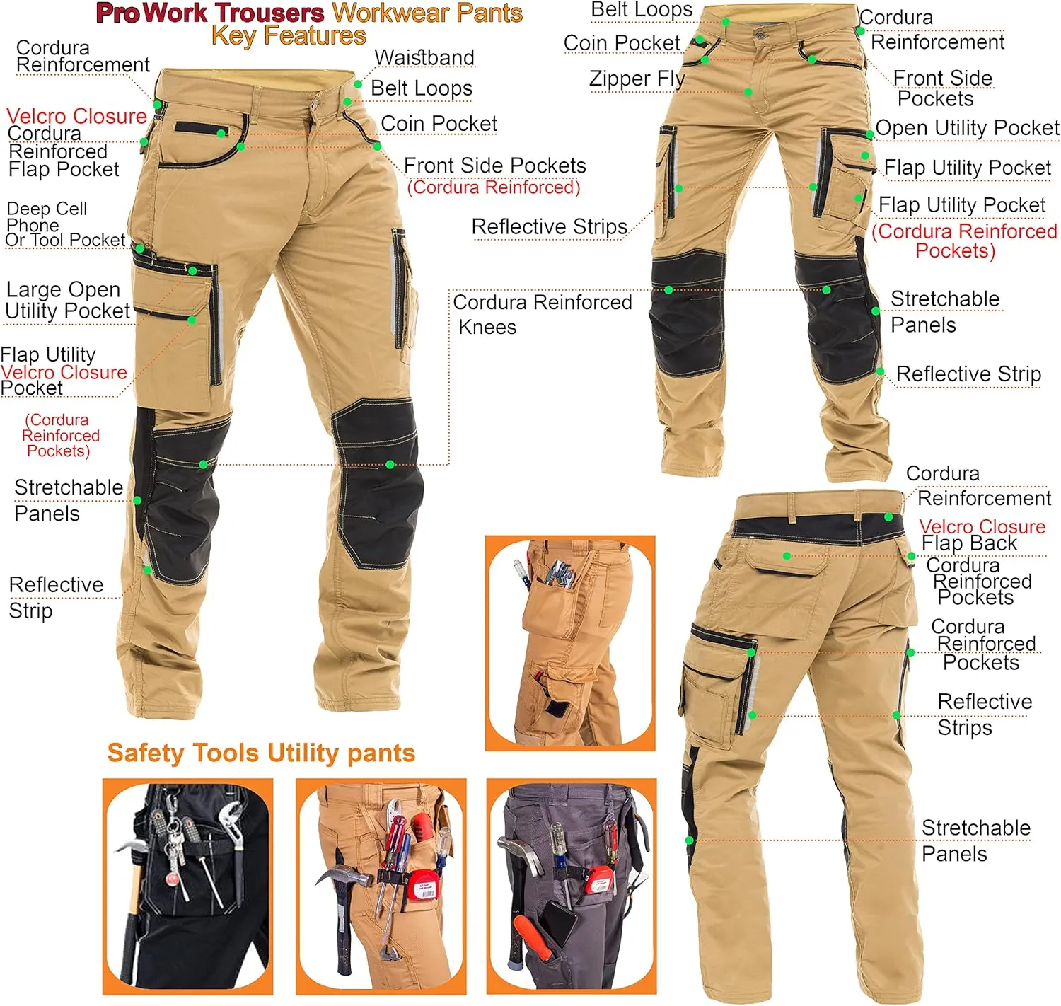 Mens Utility Work Heavy Duty Construction Workwear Pants Carpenter Knee Reinforcement Trousers Cordura Safety Pants