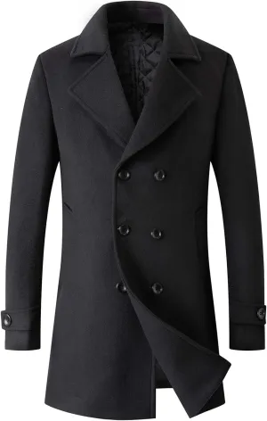 Men's Winter Coat Wool Blend Trench Overcoat Casual Double Breasted Long Pea Topcoat