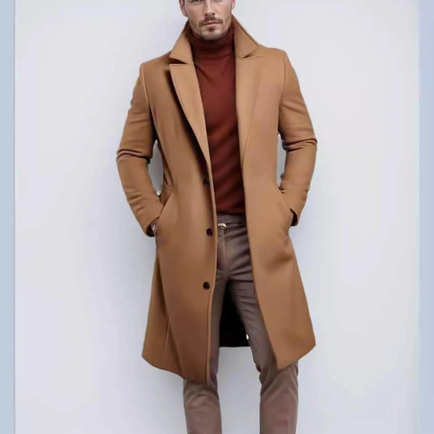 Men's Wool Blend Long Pea Coat Single Breasted Slim Fit Trench Coats Winter Fashion Casual Overcoat Jackets