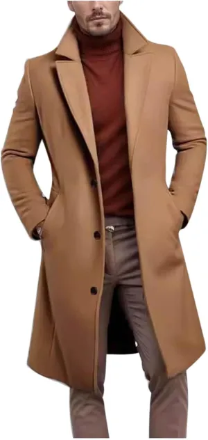 Men's Wool Blend Long Pea Coat Single Breasted Slim Fit Trench Coats Winter Fashion Casual Overcoat Jackets