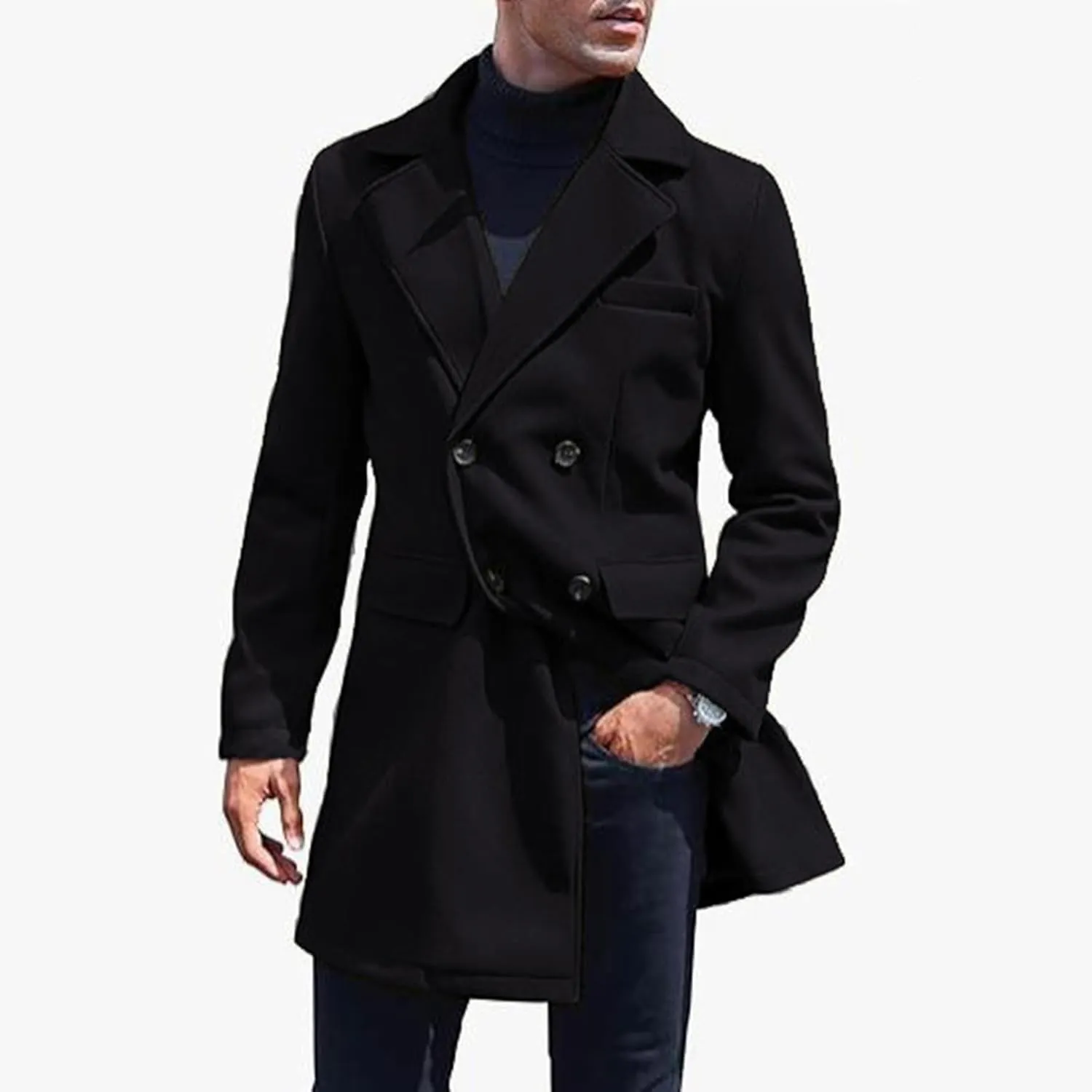 Men's Wool Blend Trench Peacoat Winter Notched Collar Warm Overcoat with Pockets