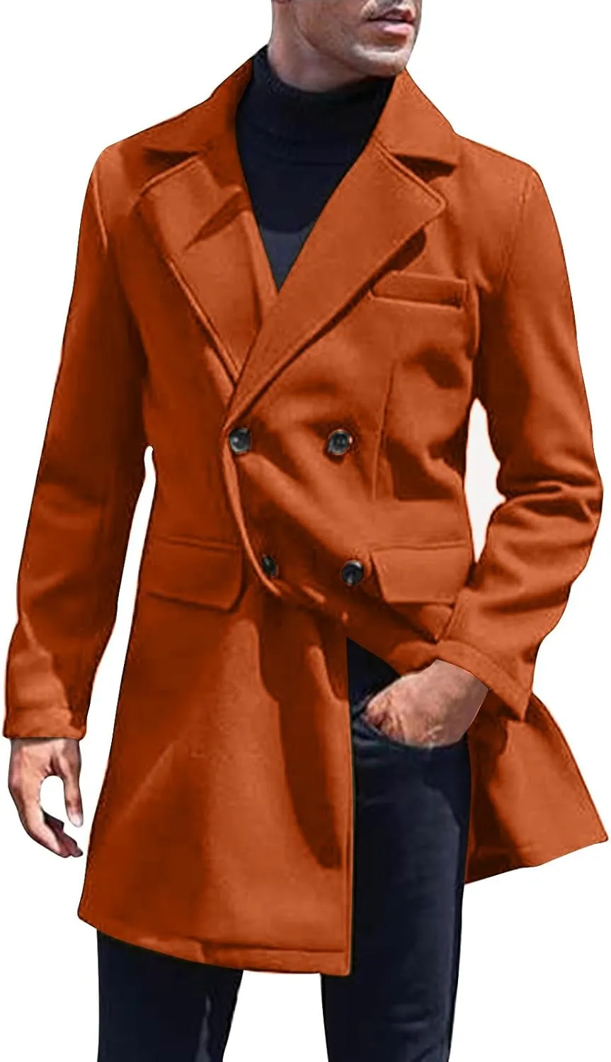 Men's Wool Blend Trench Peacoat Winter Notched Collar Warm Overcoat with Pockets