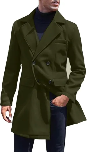 Men's Wool Blend Trench Peacoat Winter Notched Collar Warm Overcoat with Pockets