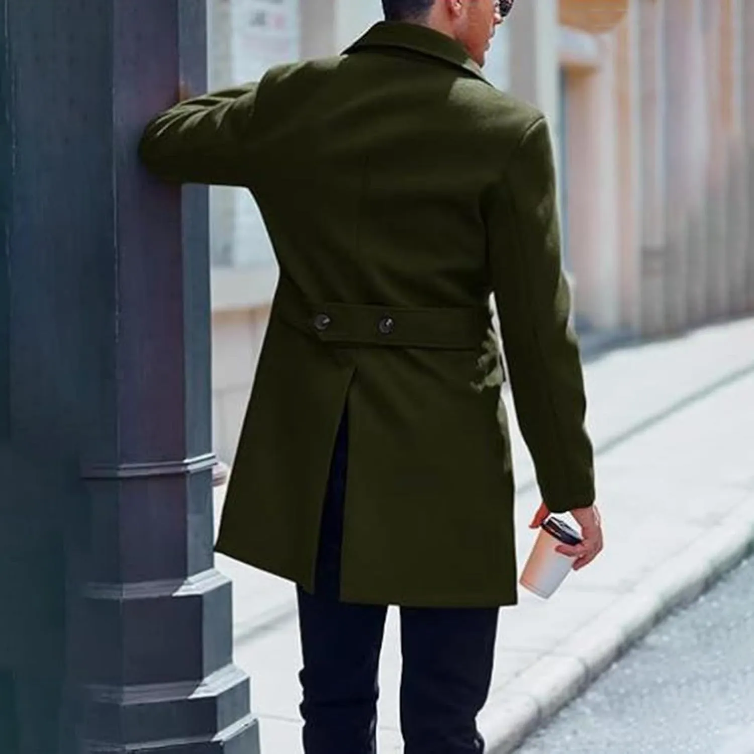 Men's Wool Blend Trench Peacoat Winter Notched Collar Warm Overcoat with Pockets