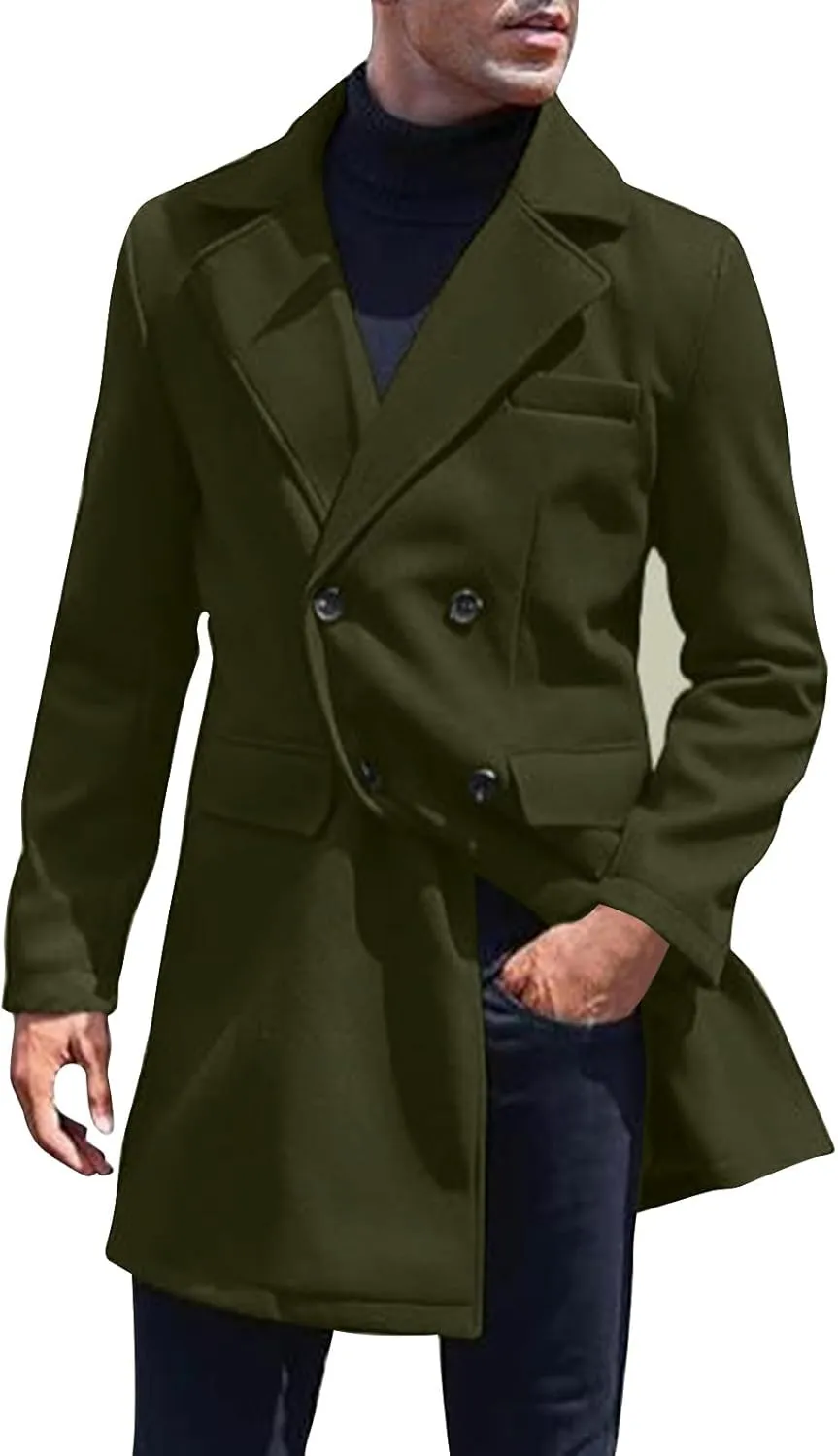 Men's Wool Blend Trench Peacoat Winter Notched Collar Warm Overcoat with Pockets