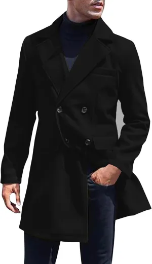 Men's Wool Blend Trench Peacoat Winter Notched Collar Warm Overcoat with Pockets