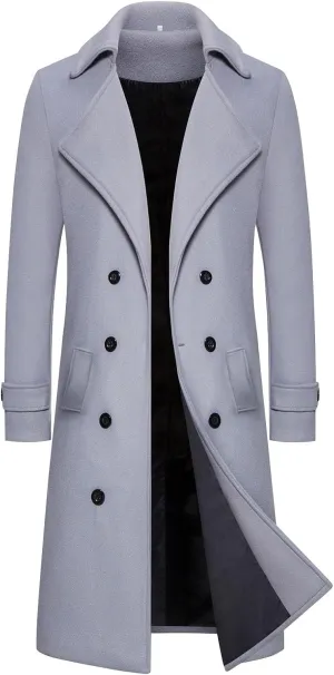 Men's Wool Blend Warm Peacoat Winter Trench Notched Collar Overcoat with Pockets