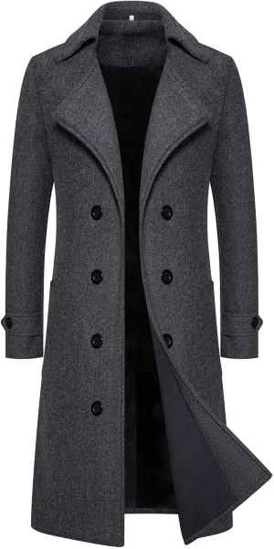 Men's Wool Blend Warm Peacoat Winter Trench Notched Collar Overcoat with Pockets