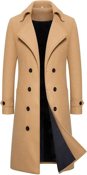 Men's Wool Blend Warm Peacoat Winter Trench Notched Collar Overcoat with Pockets