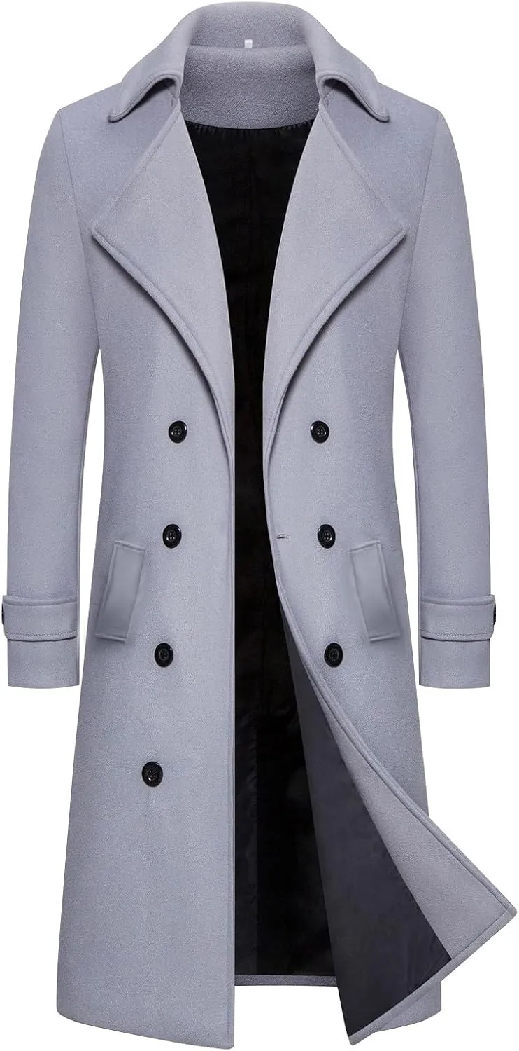 Men's Wool Blend Warm Peacoat Winter Trench Notched Collar Overcoat with Pockets