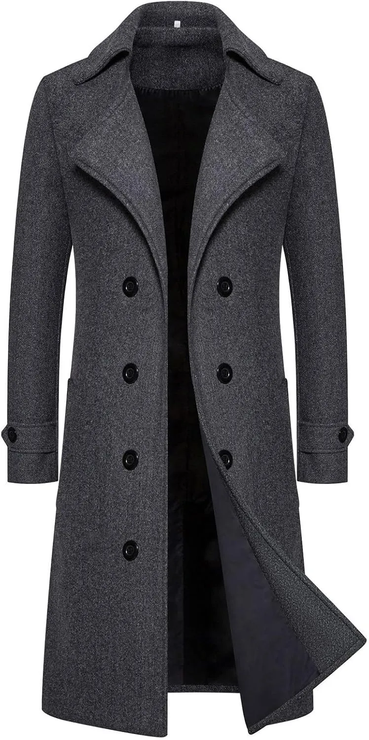 Men's Wool Blend Warm Peacoat Winter Trench Notched Collar Overcoat with Pockets