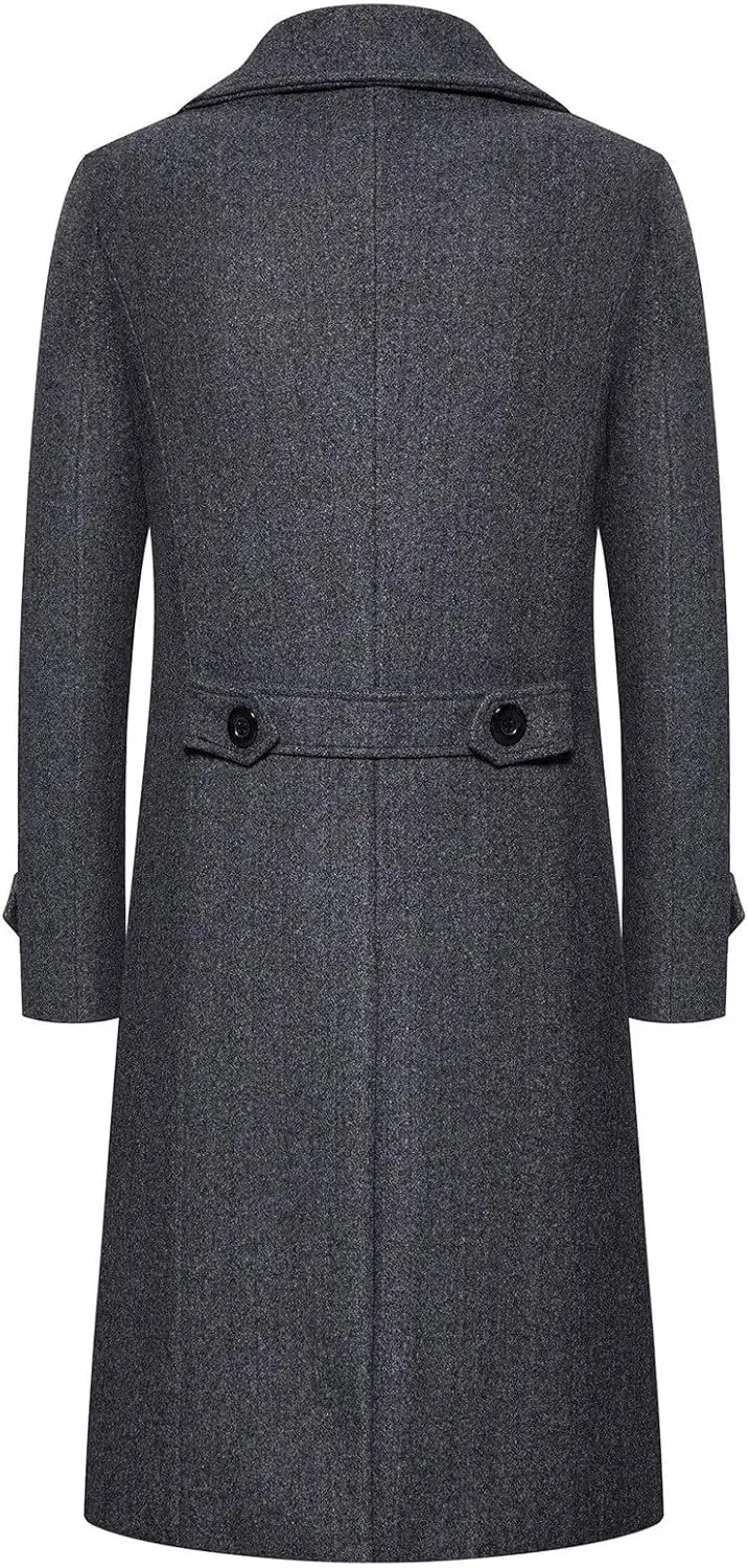Men's Wool Blend Warm Peacoat Winter Trench Notched Collar Overcoat with Pockets