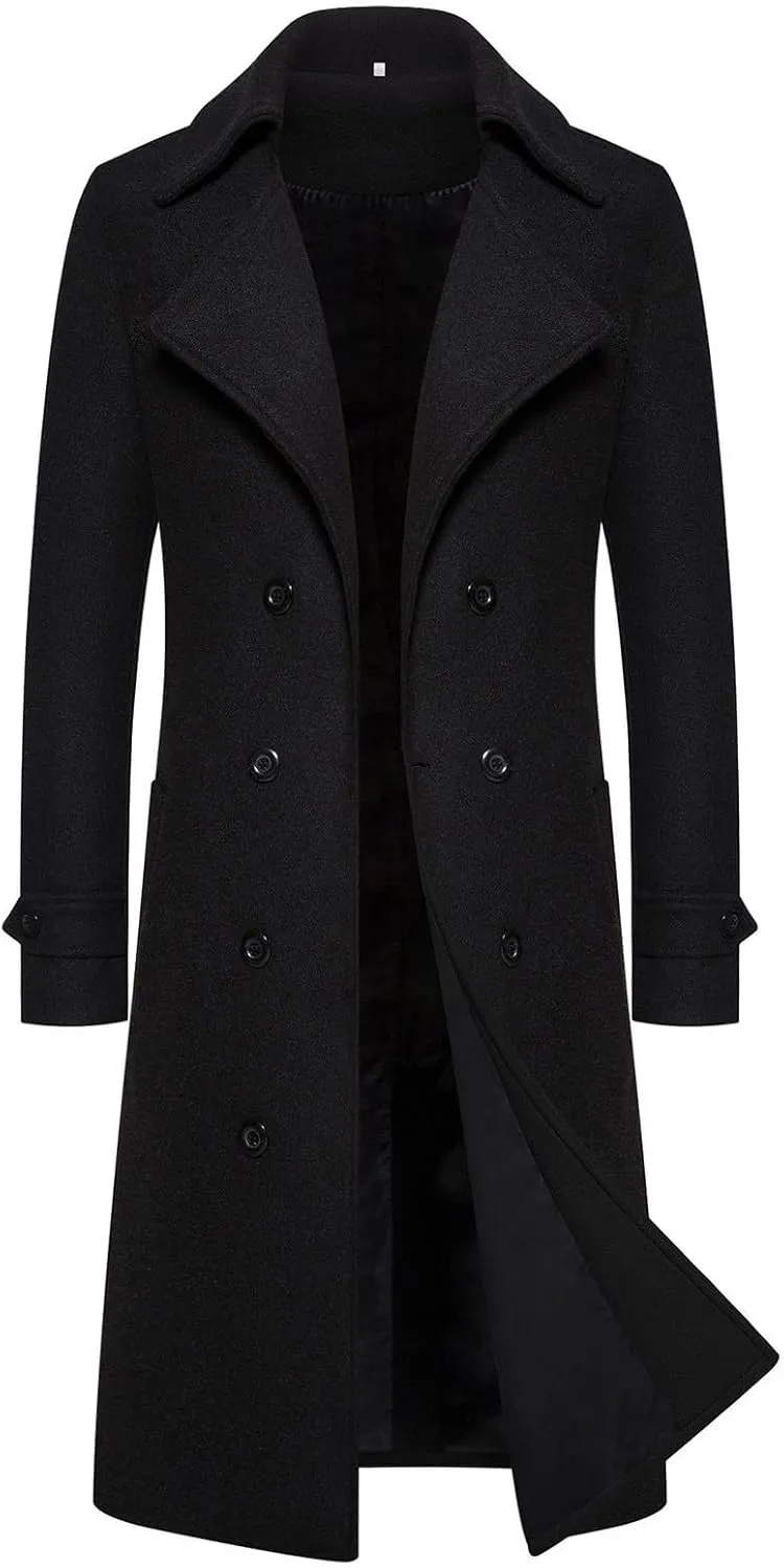 Men's Wool Blend Warm Peacoat Winter Trench Notched Collar Overcoat with Pockets