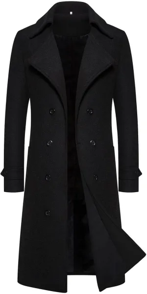 Men's Wool Blend Warm Peacoat Winter Trench Notched Collar Overcoat with Pockets