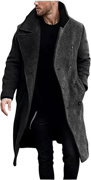 Men's Woolen Pea Coat Slim Fit Double Breasted Winter Wool Trench Coats Business Down Jacket Notch Lapel Office Overcoats