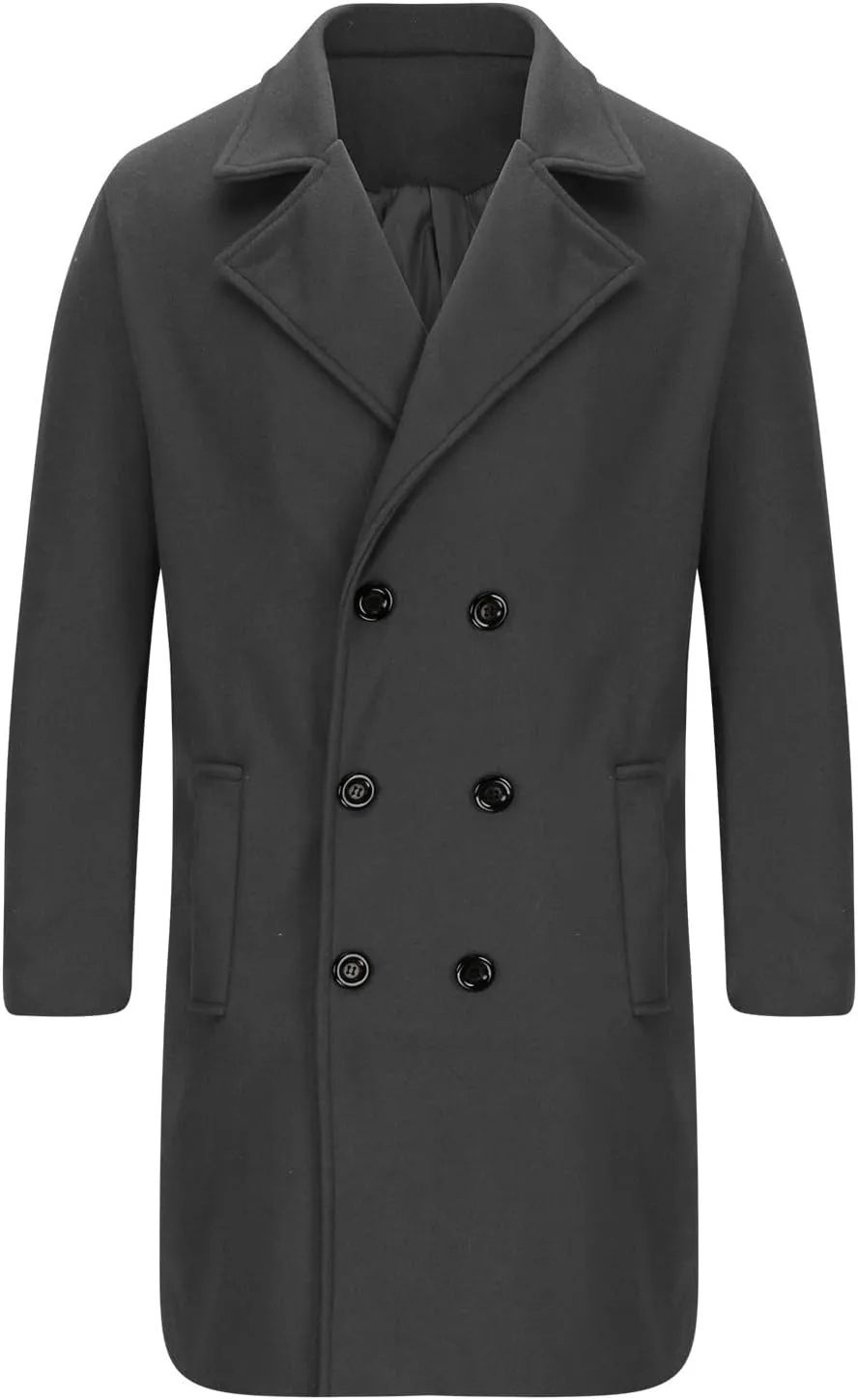 Men's Woolen Pea Coat Slim Fit Double Breasted Winter Wool Trench Coats Business Down Jacket Notch Lapel Office Overcoats
