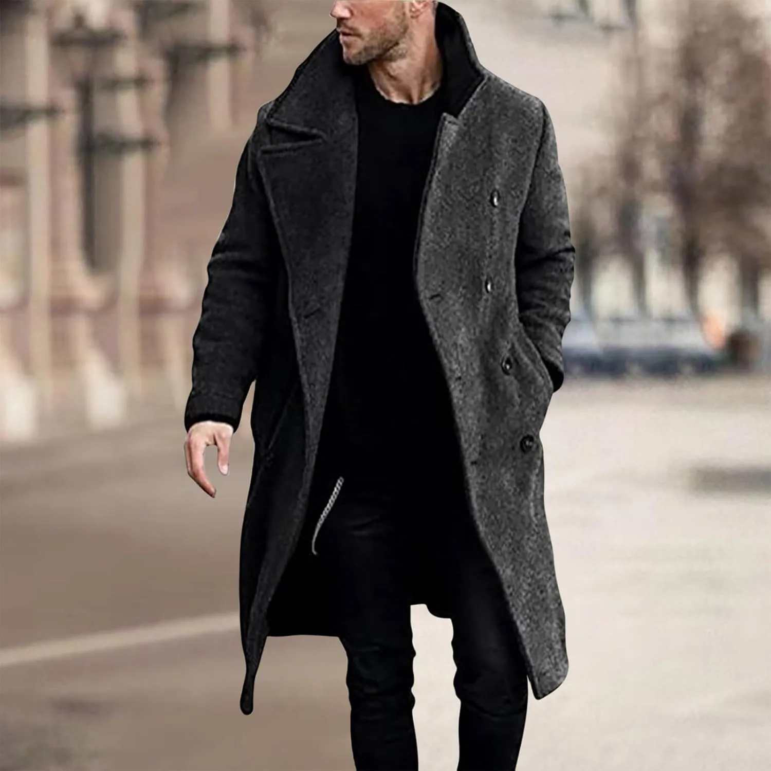 Men's Woolen Pea Coat Slim Fit Double Breasted Winter Wool Trench Coats Business Down Jacket Notch Lapel Office Overcoats