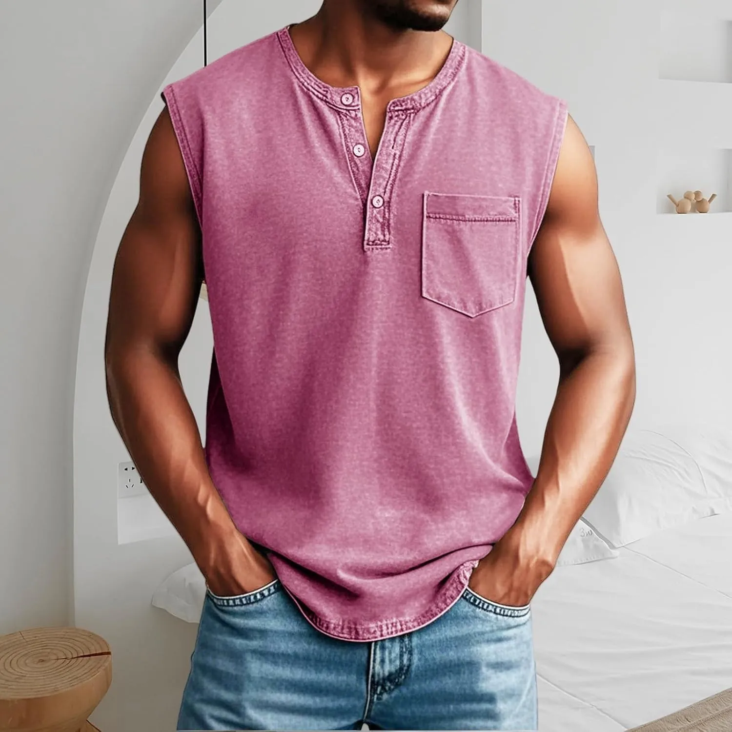 Mens Workout Tank Tops Vintage Leisure Sleeveless Henley Shirts Relaxed Fit Button Down Distressed Tops with Pocket