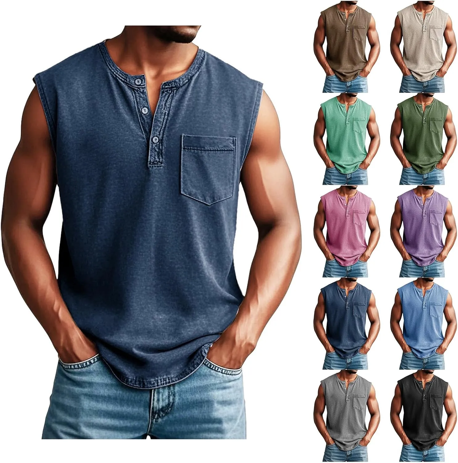 Mens Workout Tank Tops Vintage Leisure Sleeveless Henley Shirts Relaxed Fit Button Down Distressed Tops with Pocket