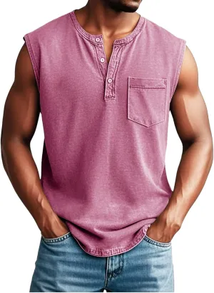 Mens Workout Tank Tops Vintage Leisure Sleeveless Henley Shirts Relaxed Fit Button Down Distressed Tops with Pocket