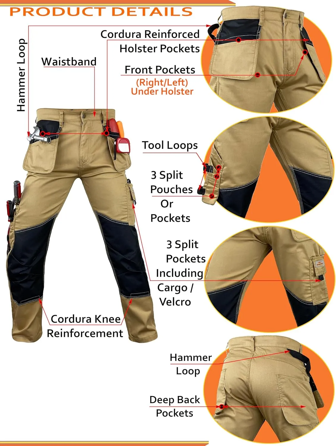 Notus Men’s Work Casual Tactical Cordura Knee Carpenter Construction Utility Cargo Work Trousers Pants