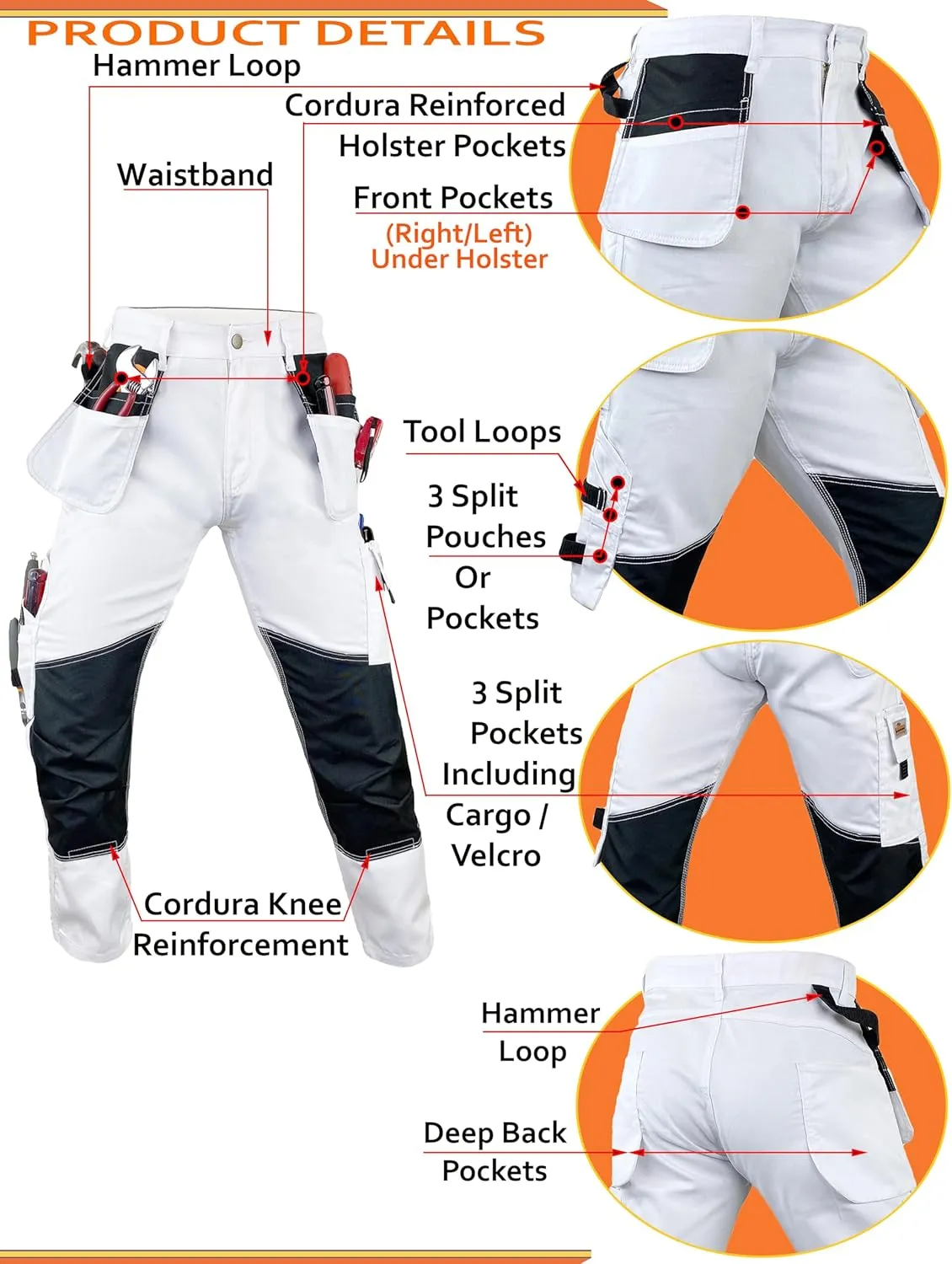 Notus Men’s Work Casual Tactical Cordura Knee Carpenter Construction Utility Cargo Work Trousers Pants