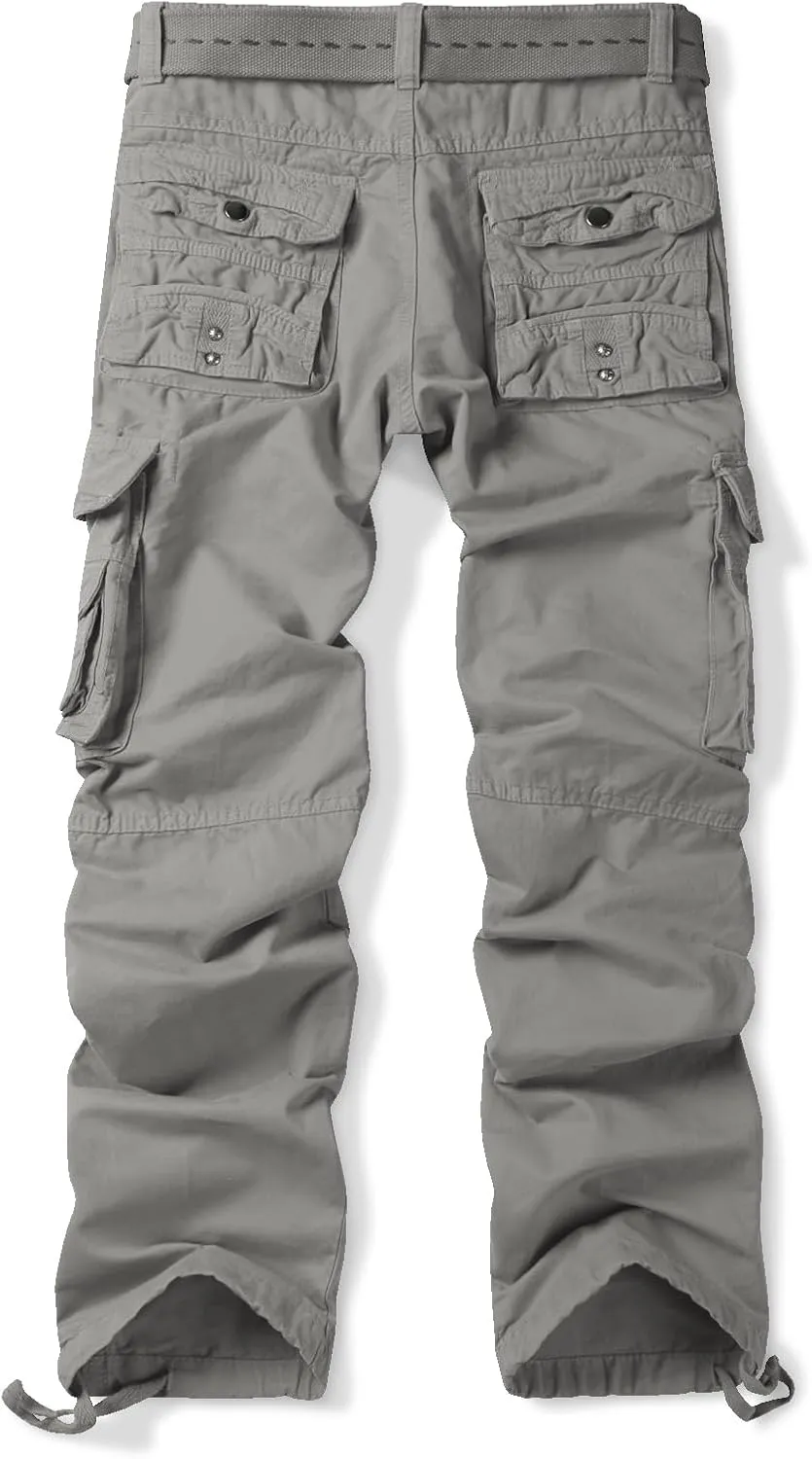 OCHENTA Men's Cotton Casual Cargo Work Pants Baggy Travel Hiking with Multi Pockets (No Belt)