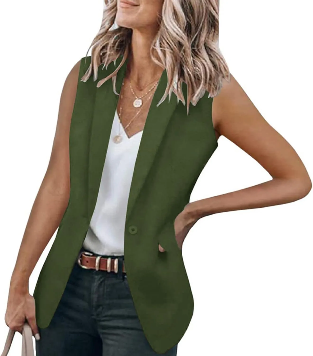 Oversized Blazers for Women Summer Casual Sleeveless Lapel One Button Vests Elegant Open Front Office Suit Jackets