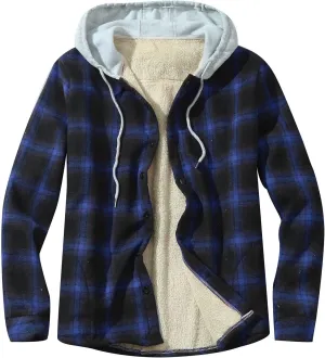 Plaid Hoodies Jackets for Men Relaxed Fit Zip Up Long Sleeve Fleece Lined Casual Plaid Jacket Color Block Stitching Warm
