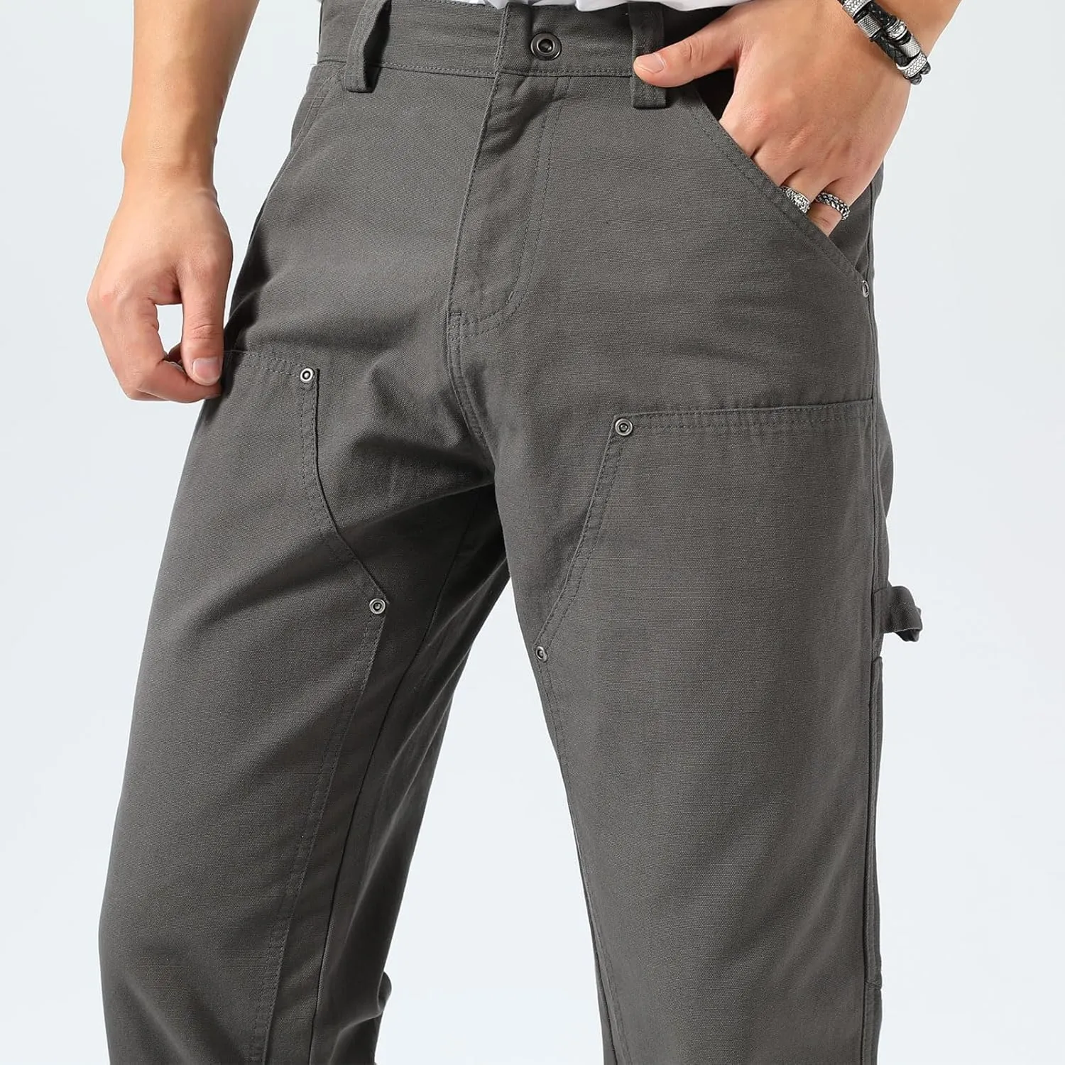 Plaid&Plain Men's Straight Fit Carpenter Pants - Utility Twill With Double Knee - Painters Work Pants