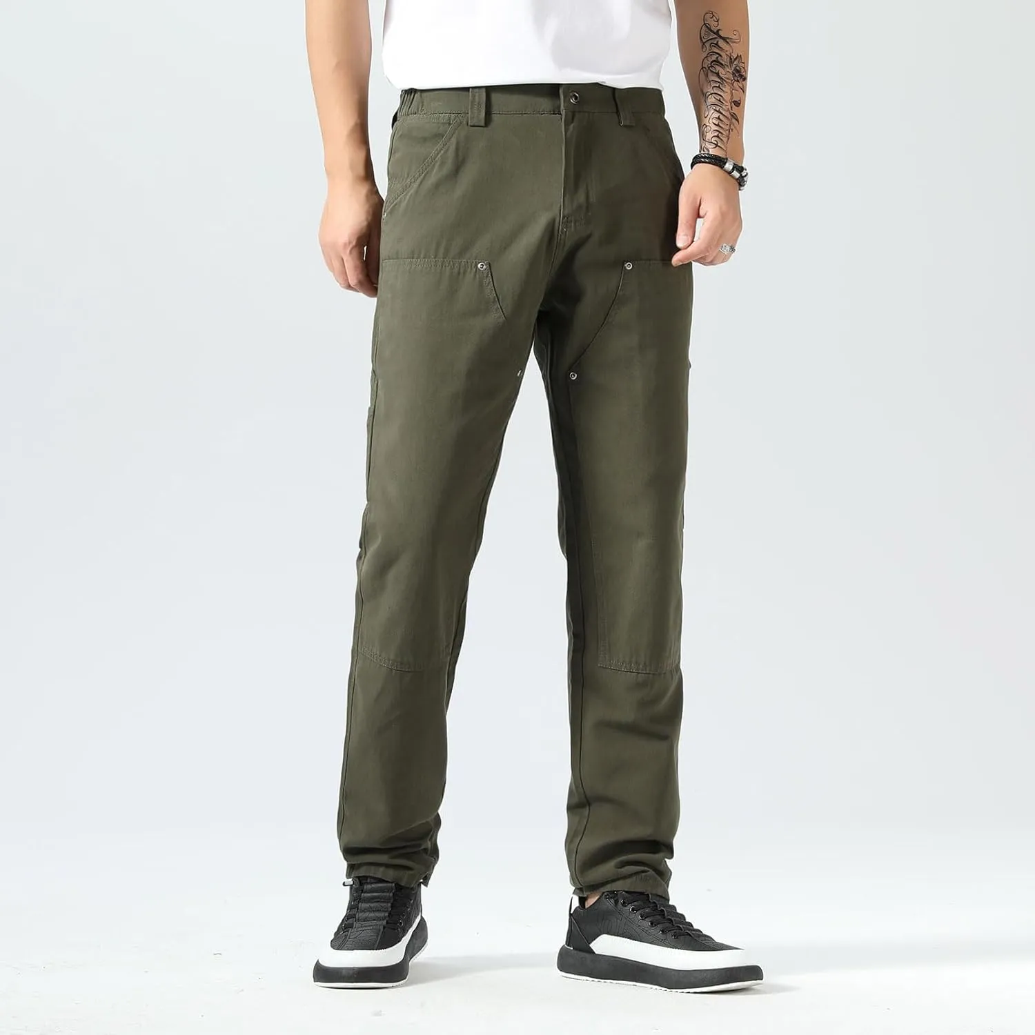 Plaid&Plain Men's Straight Fit Carpenter Pants - Utility Twill With Double Knee - Painters Work Pants