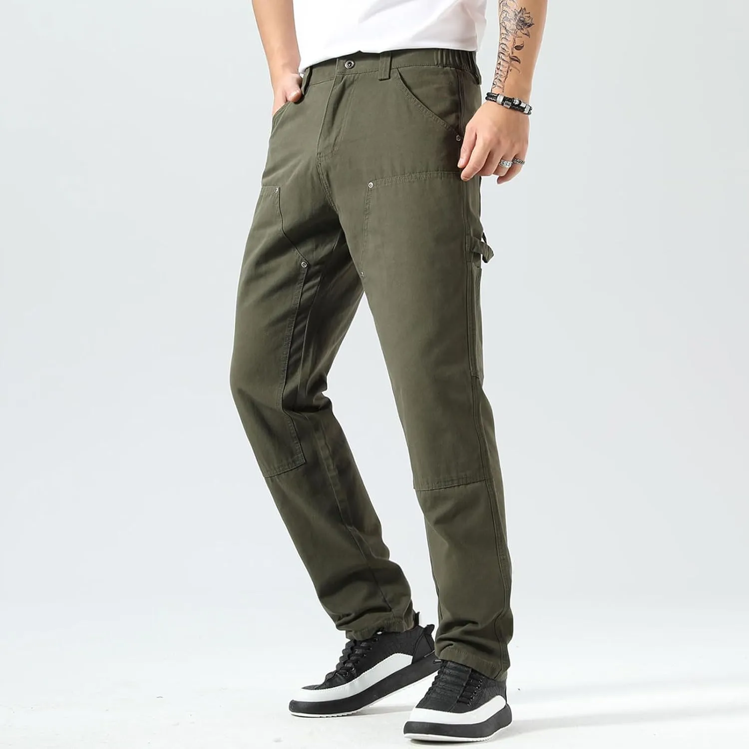 Plaid&Plain Men's Straight Fit Carpenter Pants - Utility Twill With Double Knee - Painters Work Pants