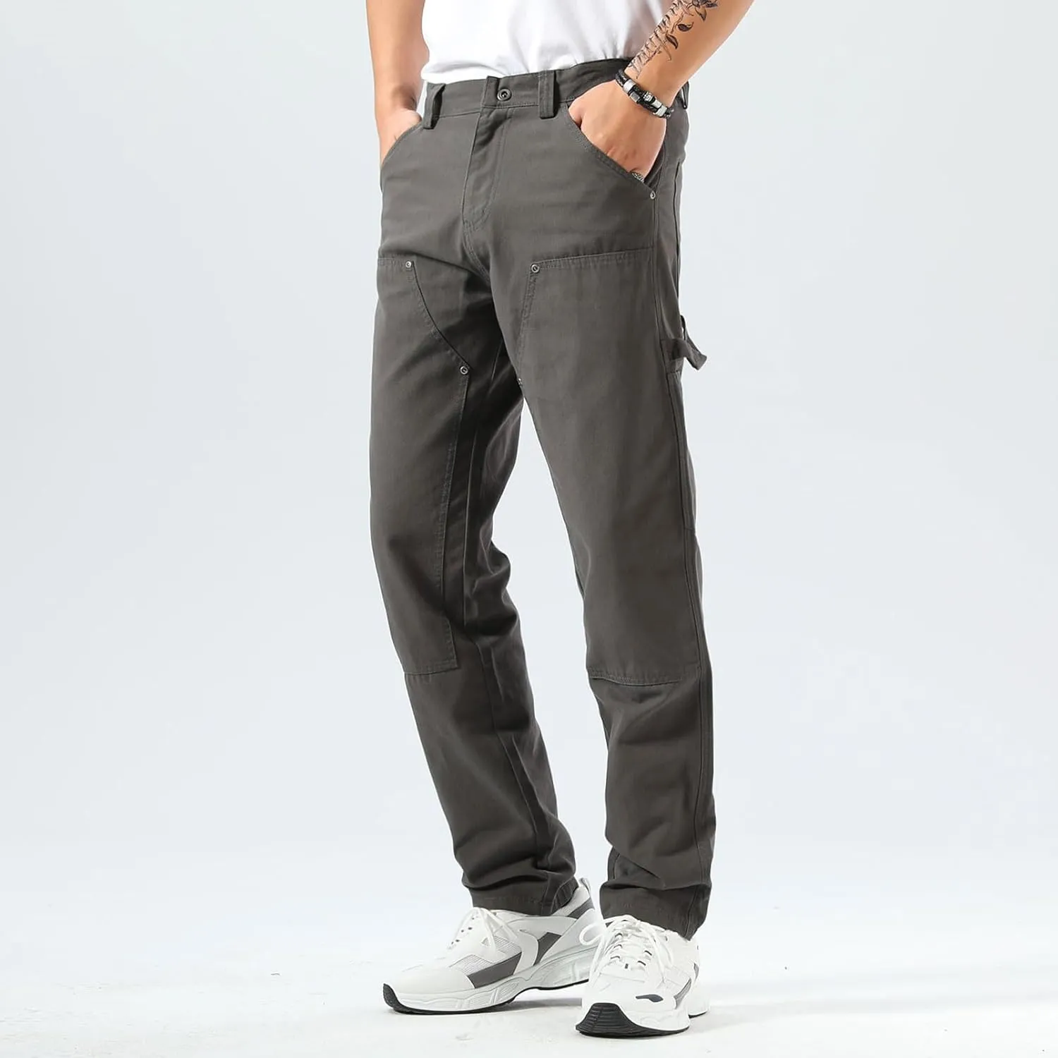 Plaid&Plain Men's Straight Fit Carpenter Pants - Utility Twill With Double Knee - Painters Work Pants