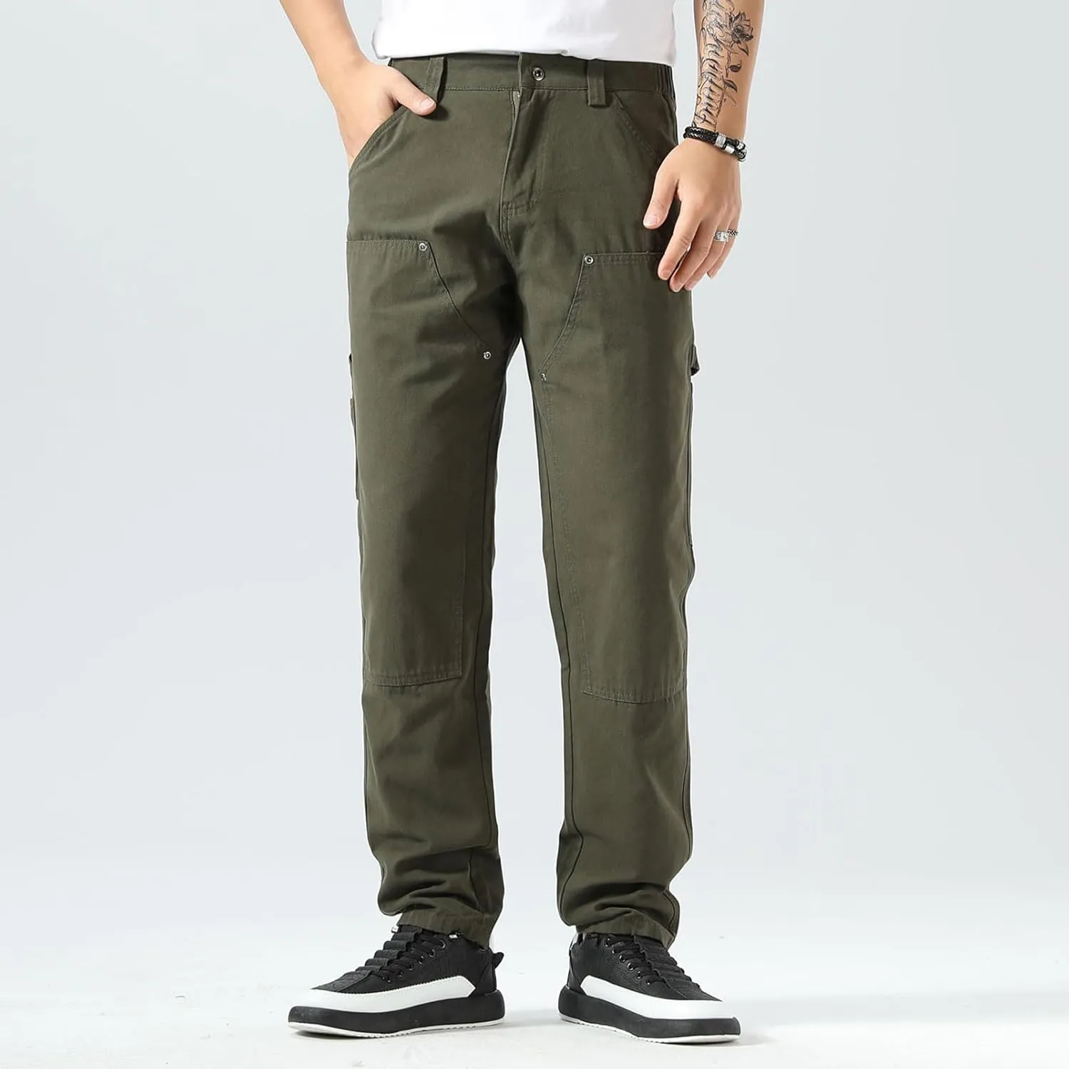 Plaid&Plain Men's Straight Fit Carpenter Pants - Utility Twill With Double Knee - Painters Work Pants