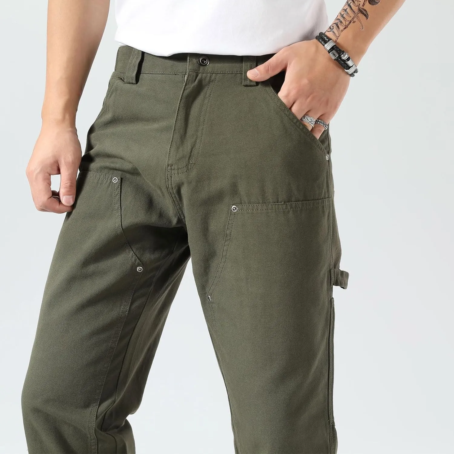 Plaid&Plain Men's Straight Fit Carpenter Pants - Utility Twill With Double Knee - Painters Work Pants