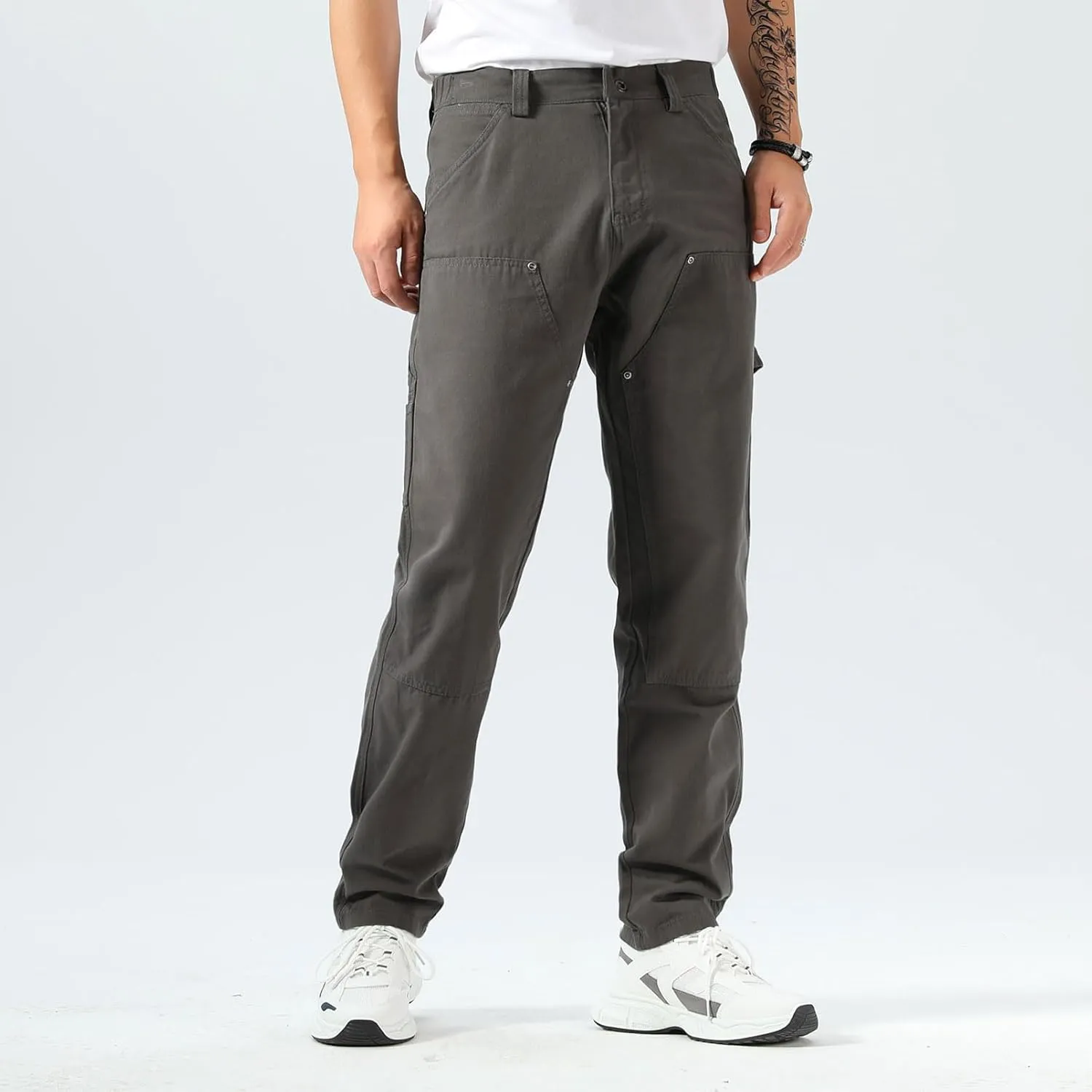 Plaid&Plain Men's Straight Fit Carpenter Pants - Utility Twill With Double Knee - Painters Work Pants