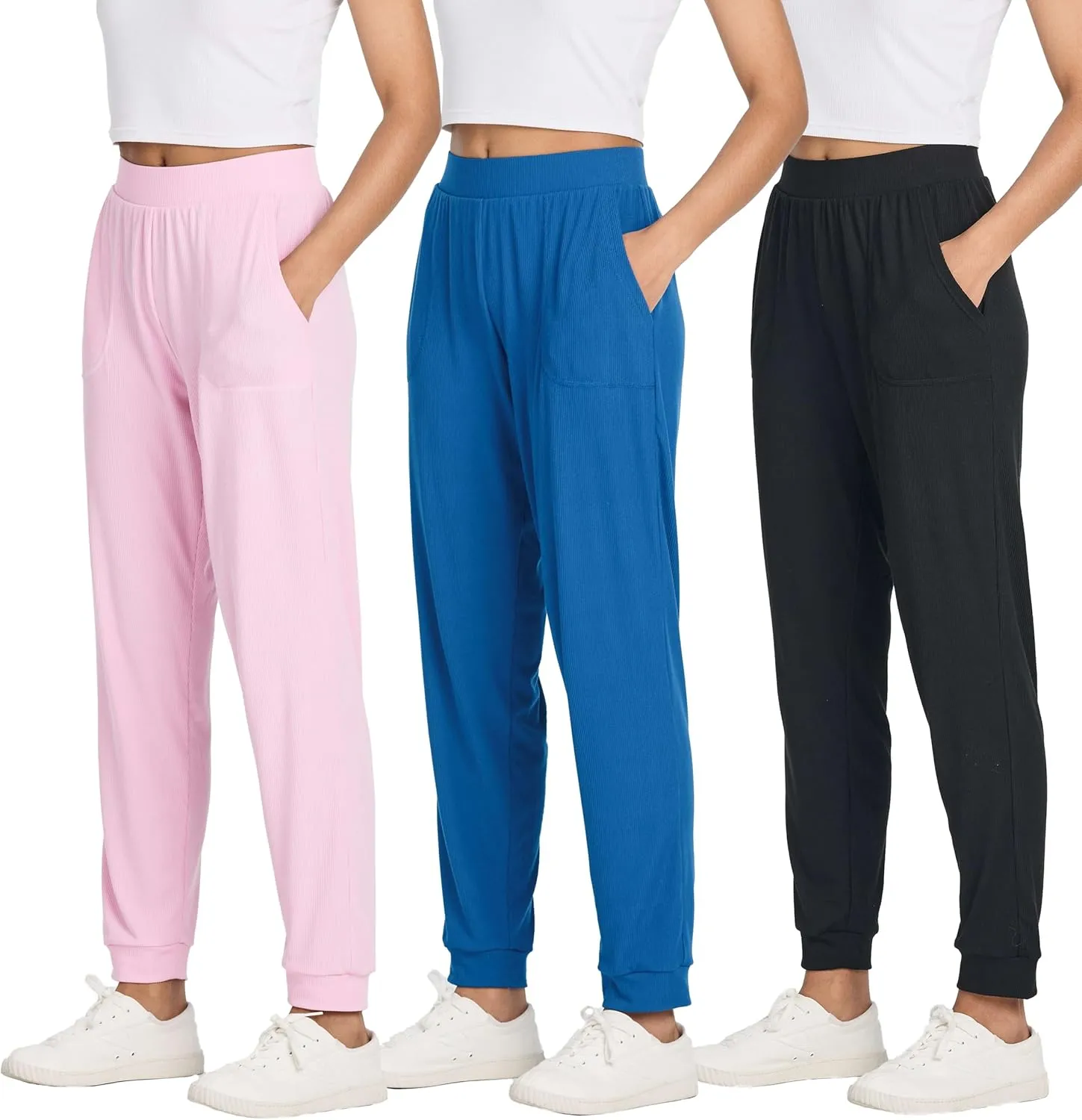 Real Essentials 3 Pack: Women's Ribbed Lounge Jogger Cuffed Yoga SweatpantsPockets (Available in Plus)