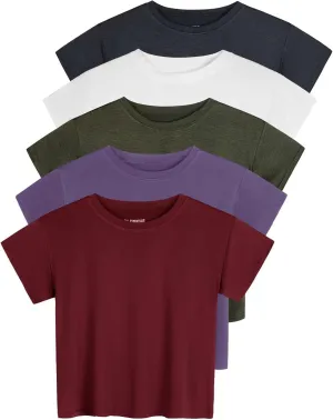 Real Essentials 5 Pack: Women's Dry Fit Crop Top - Short Sleeve Crew Neck Stretch Athletic Tee (Available in Plus Size)