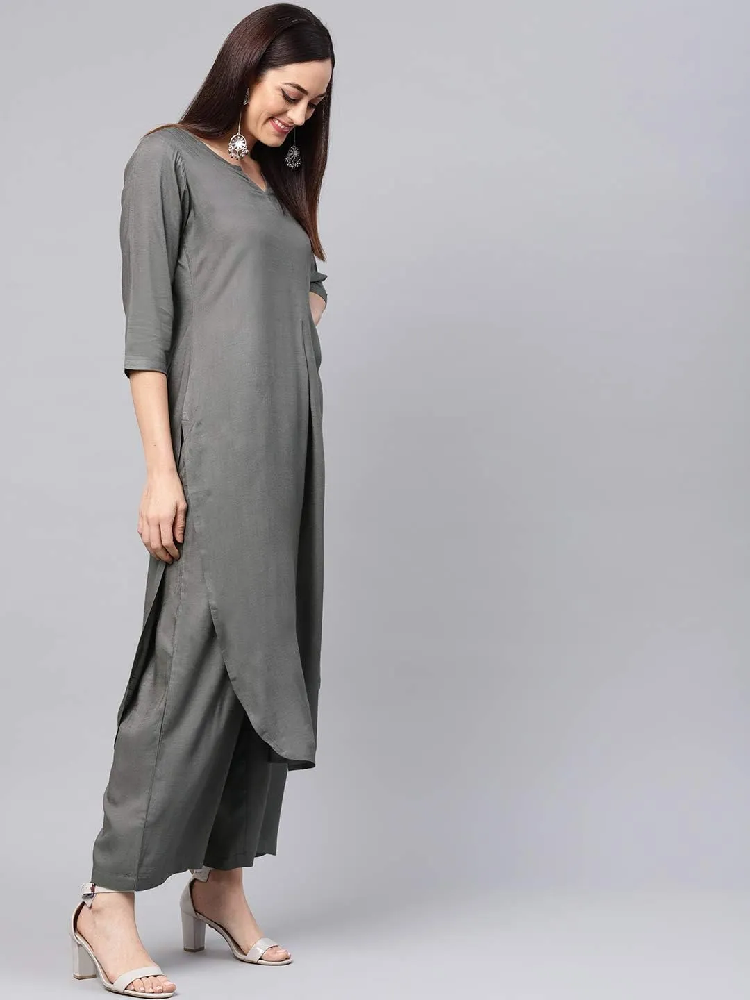 Rose Gold Straight Solid Kurta With Palazzo Pants
